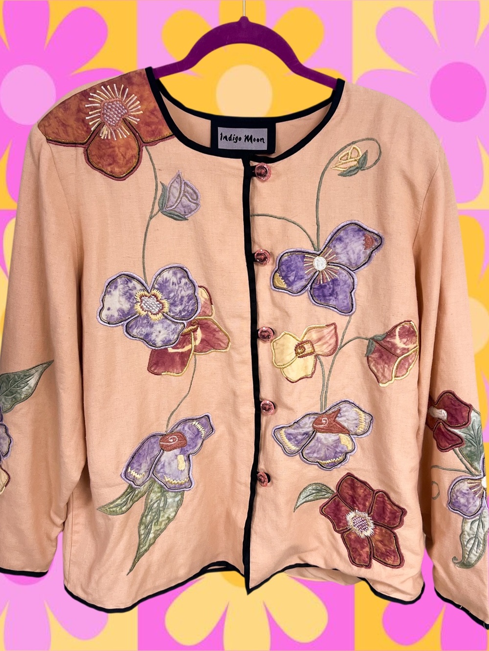 Vintage Indigo Moon peach colored button up floral blazer